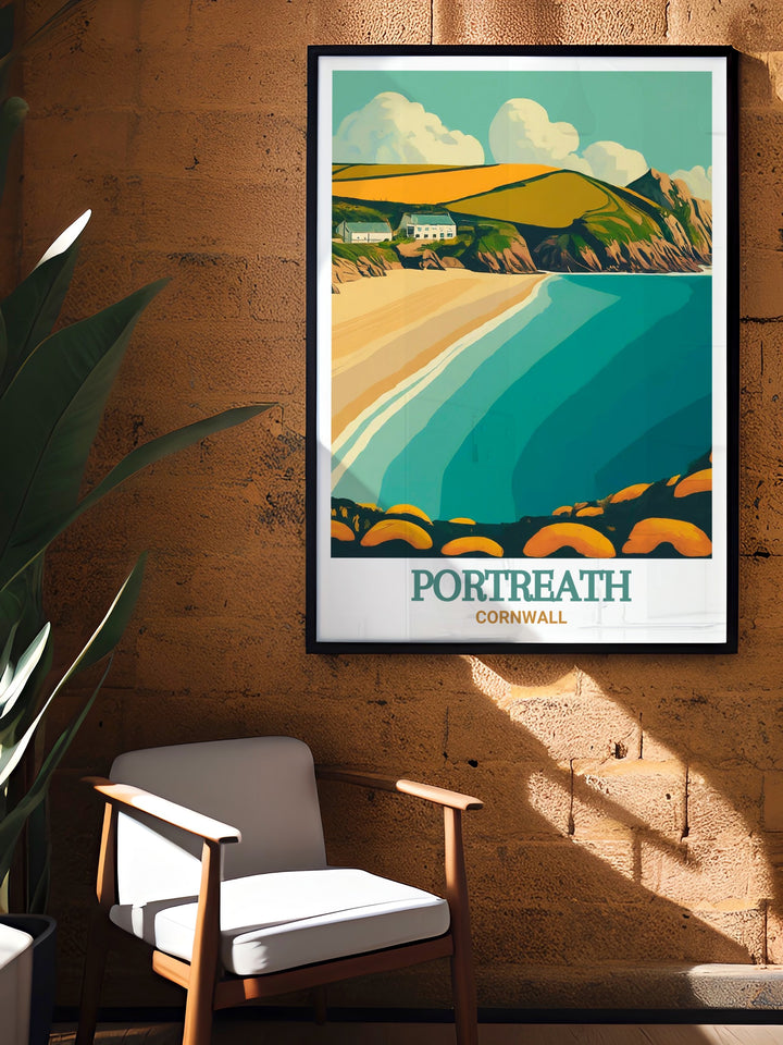 Portreath Beach, located on Cornwalls rugged north coast, is beautifully depicted in this print. The artwork captures the natural beauty of the beach, from its sandy shores to the dramatic cliffs that surround it. Ideal for adding a touch of Cornwalls coastal charm to your home, this print reflects the serene atmosphere of Portreath.