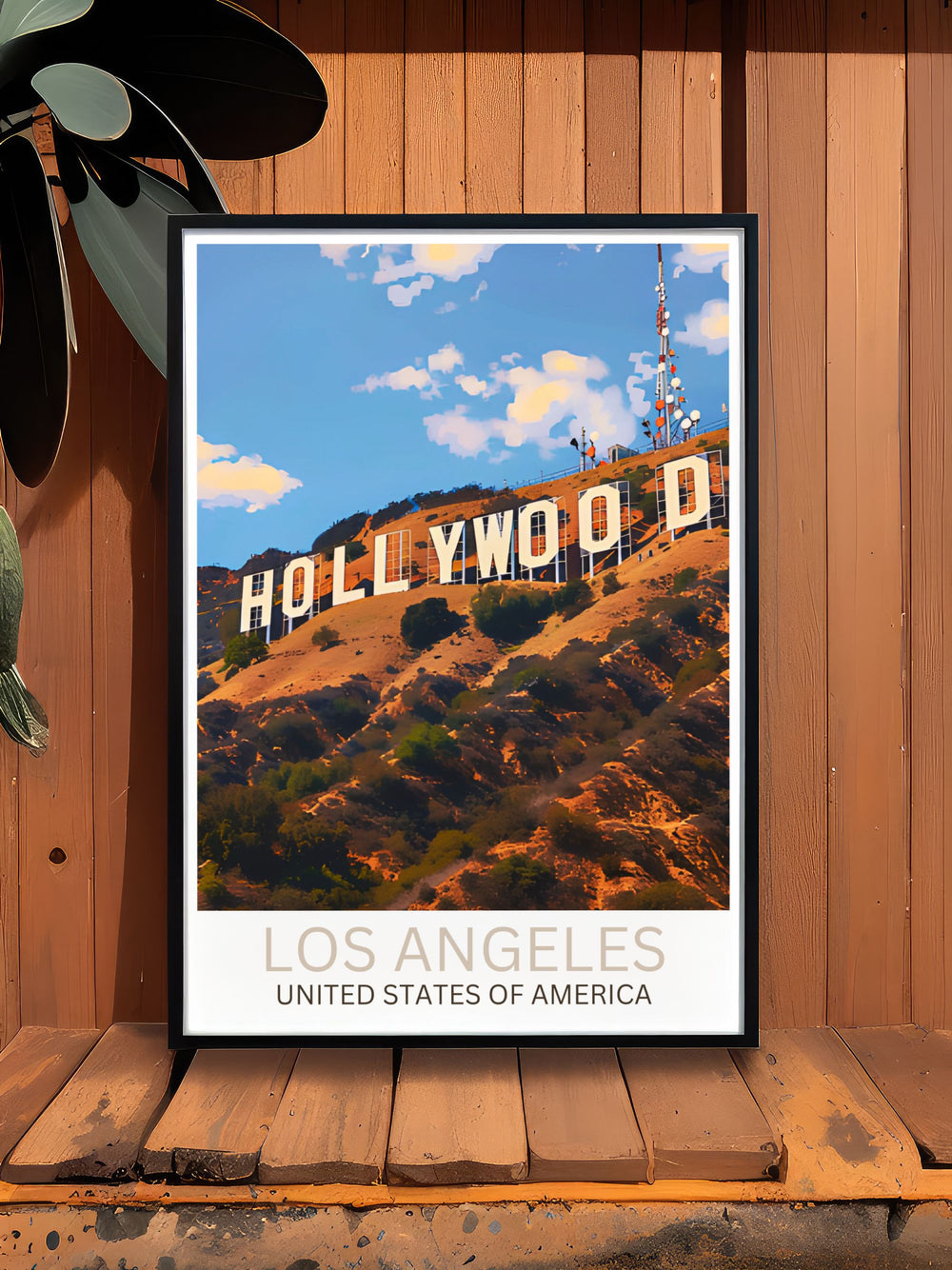 Los Angeles Poster featuring a detailed depiction of the Hollywood Sign against the city skyline. This California Wall Art is perfect for enhancing home decor or as a unique gift for any occasion.