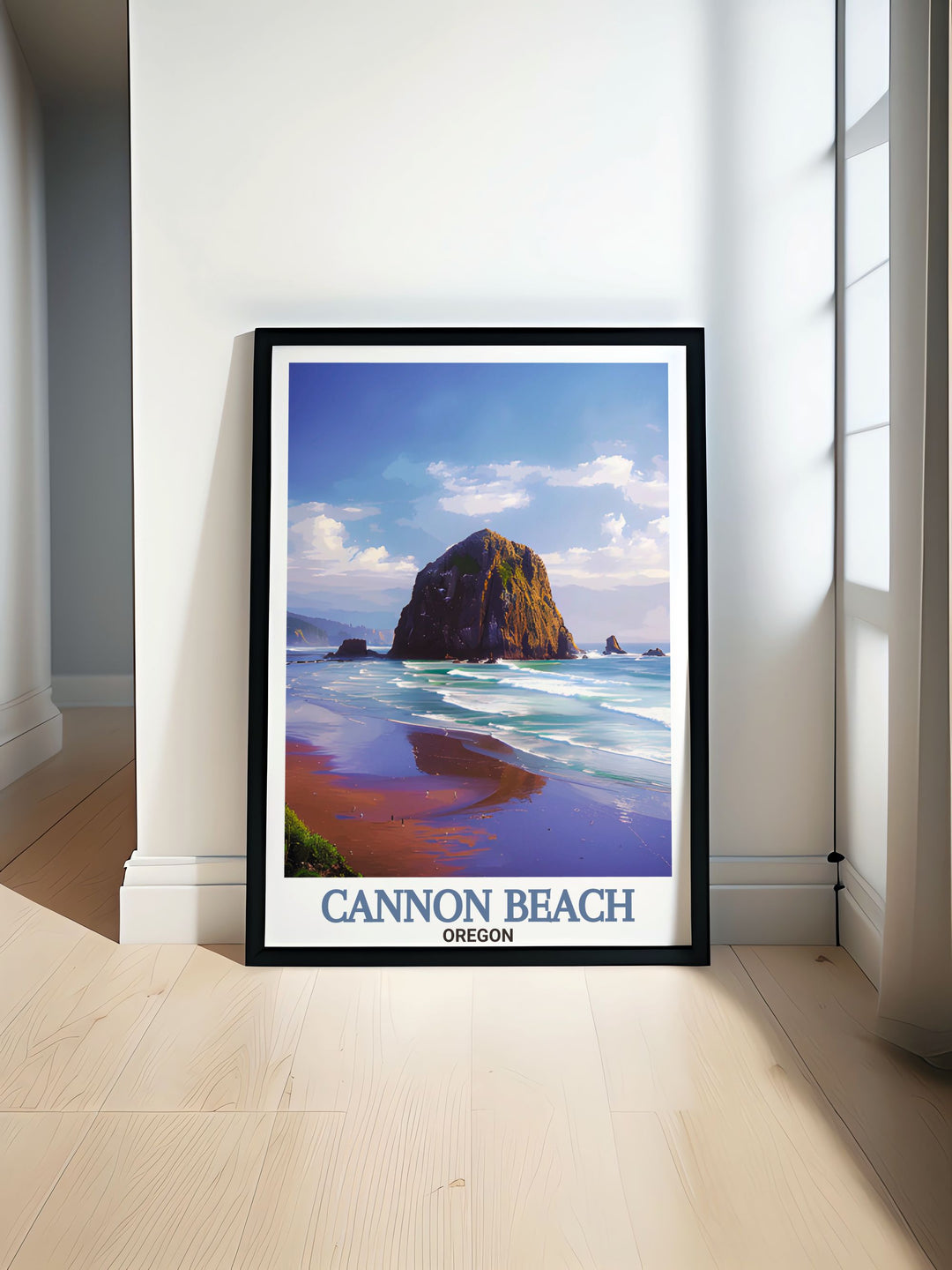 Colorful Cannon Beach wall art featuring a vibrant depiction of Haystack Rock with intricate details perfect for adding a touch of coastal charm to any living space and enhancing your home decor