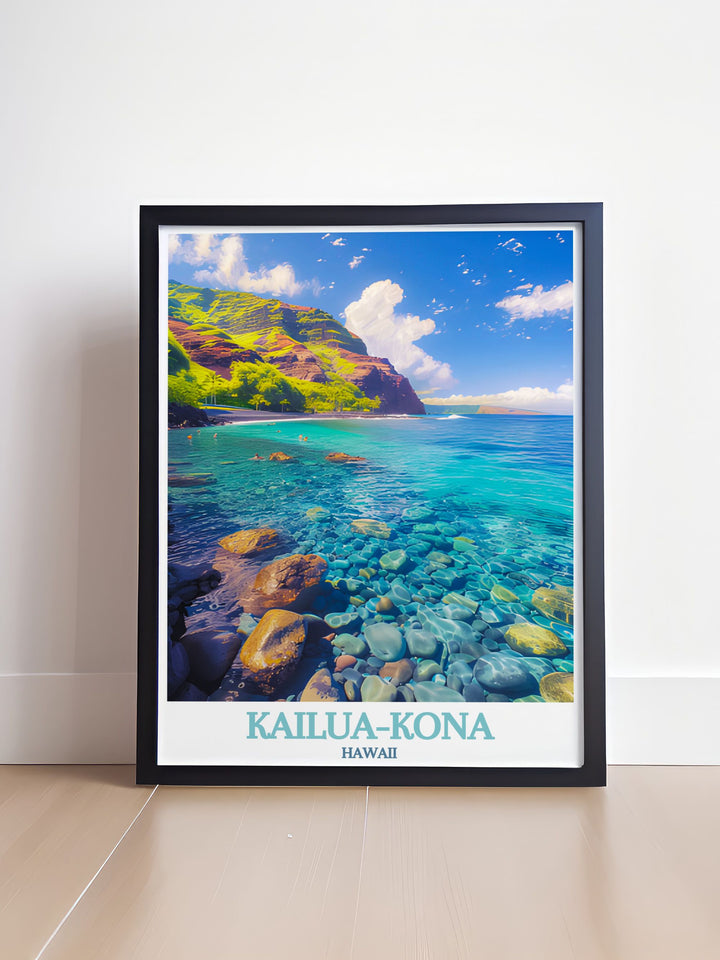 Detailed illustration of Kealakekua Bay, highlighting its clear waters and historical significance. This fine art print emphasizes the natural beauty and historical importance of this marine sanctuary.