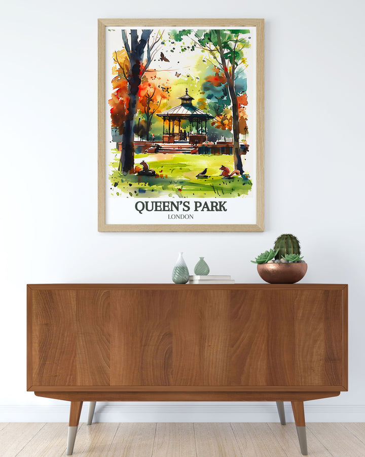 Framed print of Queens Park Bandstand highlighting the scenic beauty and tranquil atmosphere of Queens Park London a perfect piece of elegant home decor