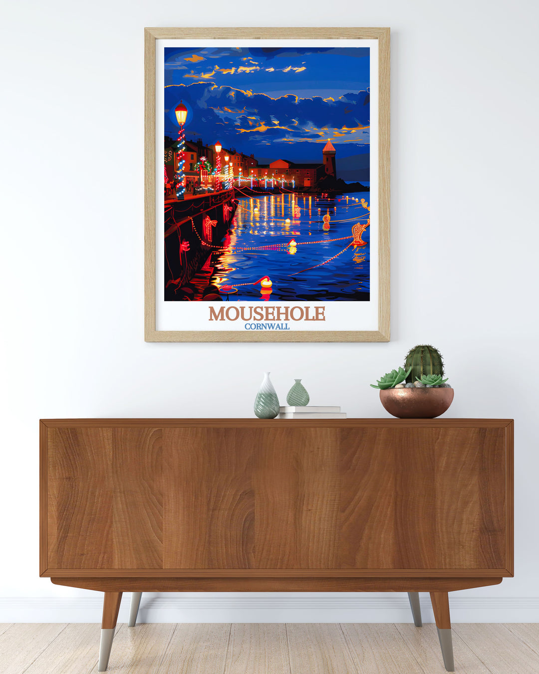 Cornwall Poster highlighting Mousehole adorned with enchanting Christmas lights elegant and vibrant illustration perfect for adding a touch of coastal charm to your living room or as a special gift for Cornwall enthusiasts