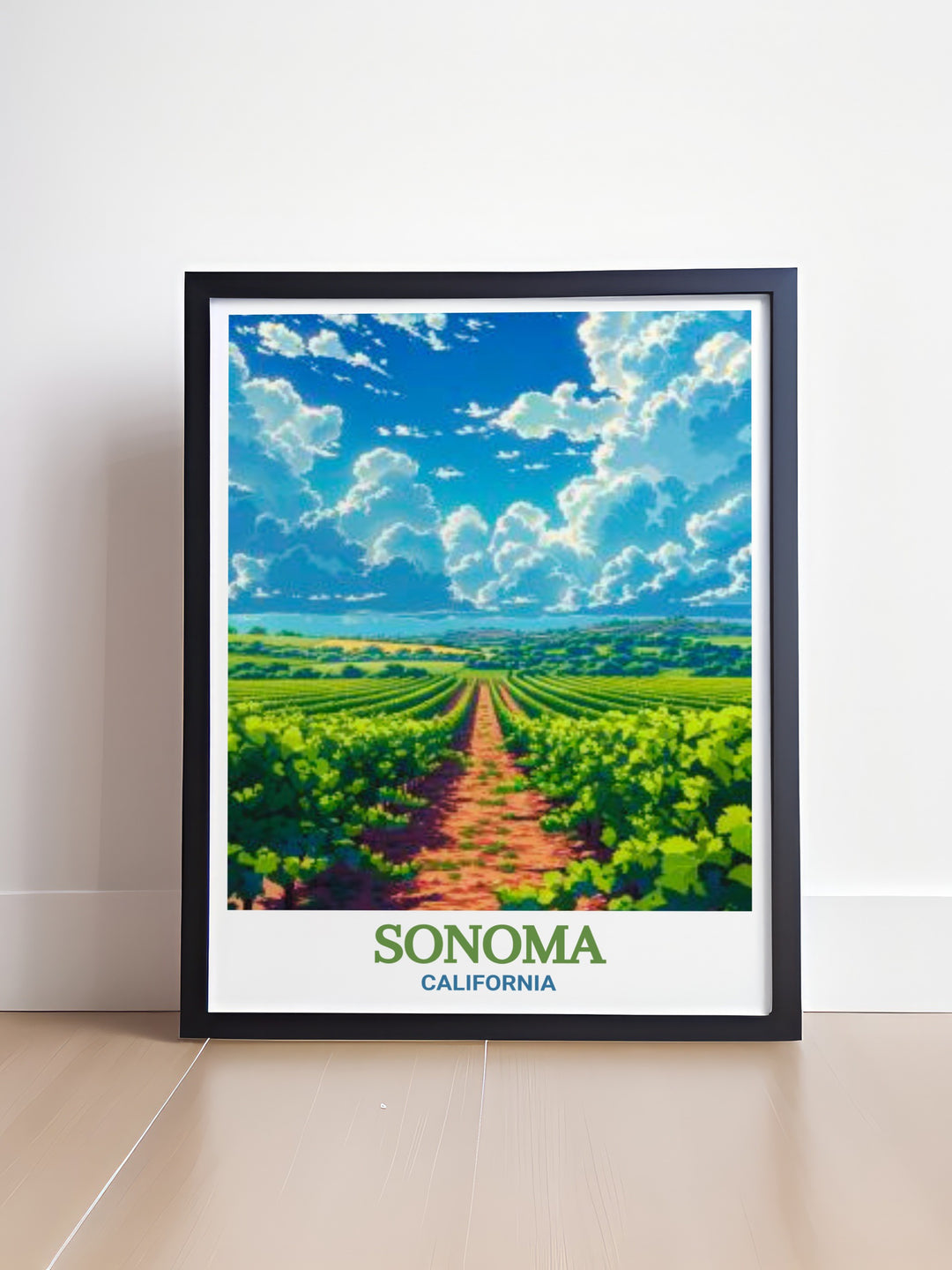 Sonoma travel print in black and white featuring a city map paired with Sebastiani Vineyards and Winery artwork. This fine line print is a stylish addition to any room and makes a thoughtful gift for birthdays anniversaries or Christmas.