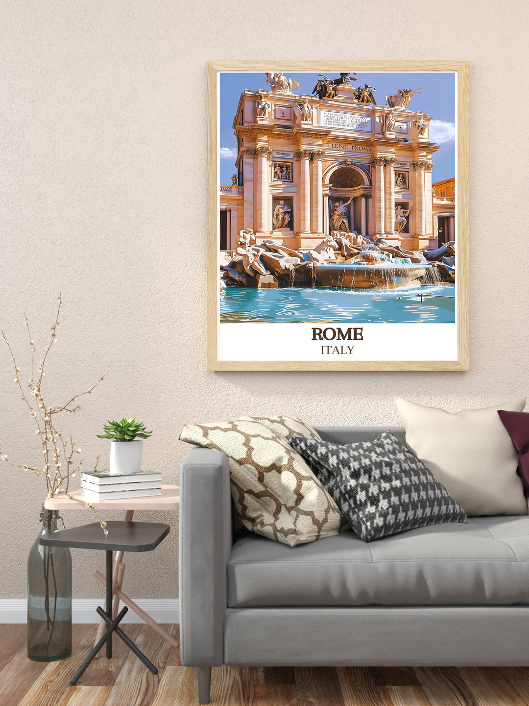 The Trevi Fountain Artwork highlighting the majestic beauty of Rome Italy. This modern decor piece is ideal for stylish home accents and makes a perfect gift for travelers and art lovers.