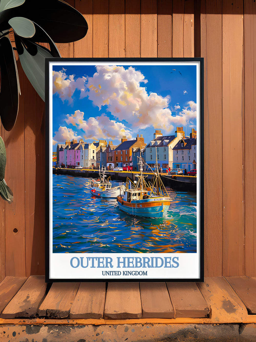 Vintage travel print of the Outer Hebrides featuring Stornoway Harbour ideal for those who appreciate Scottish hiking art and timeless island landscapes