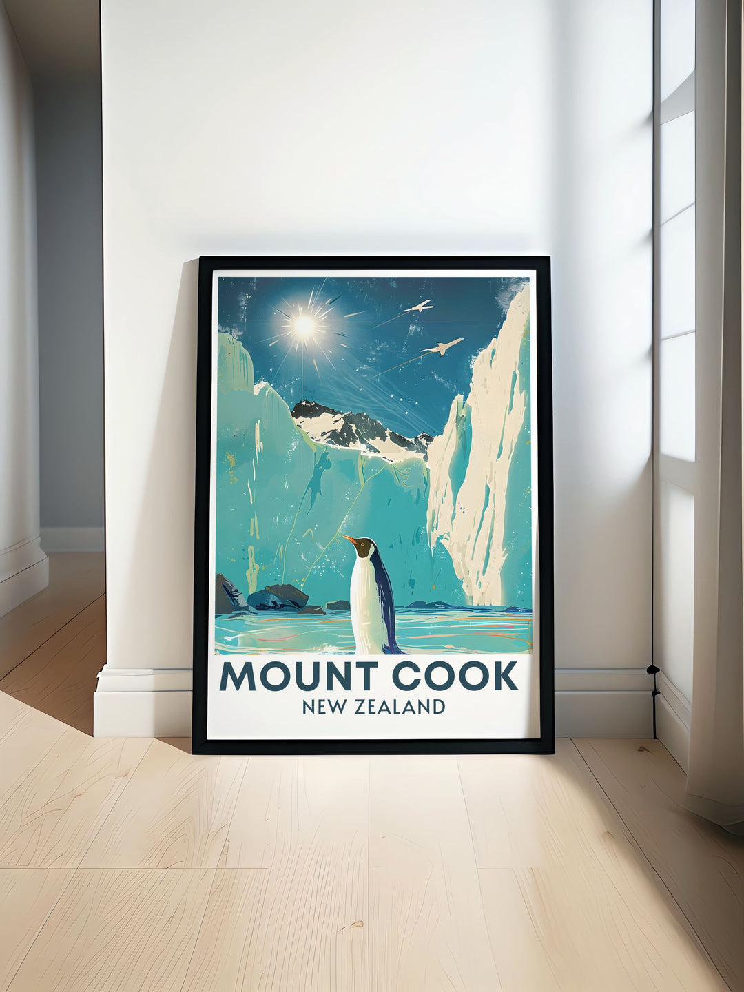 Tasman Glacier travel poster showcasing the stunning natural beauty of New Zealands South Island featuring vivid colors and intricate details perfect for adding a touch of adventure and elegance to your home decor and ideal for lovers of vintage travel prints and national park artwork