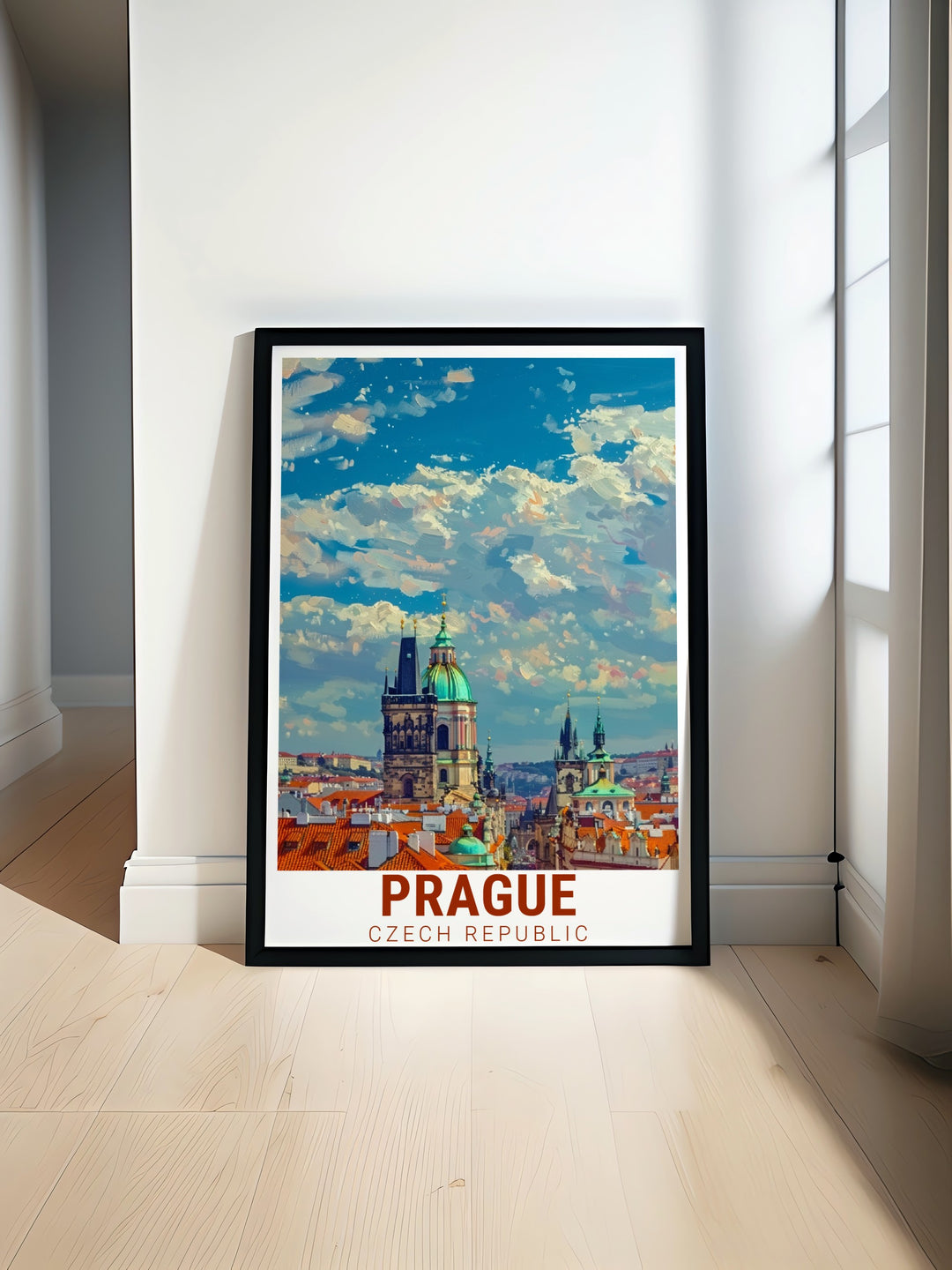 Prague travel poster featuring the iconic Old Town Square showcasing Gothic architecture and rich historical details perfect for home decor and art lovers looking to add a touch of European charm to their living space