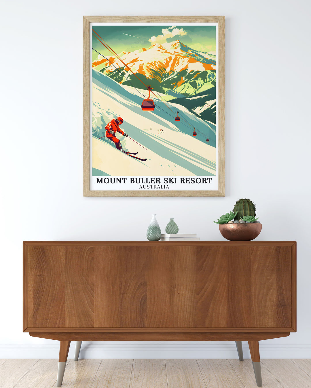 Mount Buller Wall Poster showcasing the lively atmosphere and stunning scenery of Australias top ski destination. The poster captures the excitement of winter sports and the serene beauty of the snow covered mountains, making it a great addition to any space celebrating the outdoors.