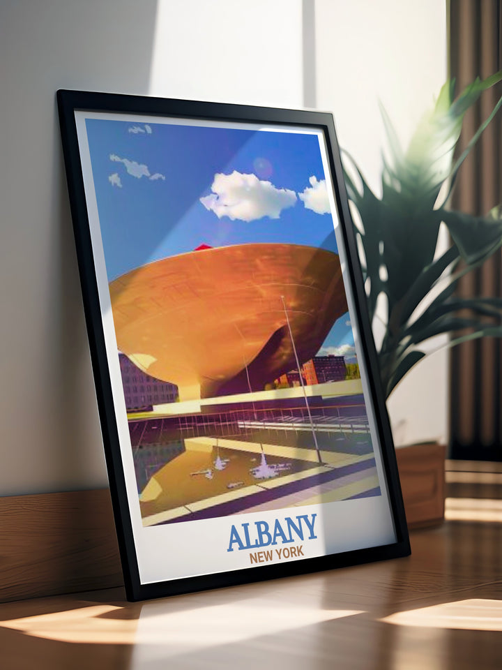 Beautiful The Egg prints depicting Albanys sleek curves and engineering brilliance a must have for anyone interested in New York State decor and artwork ideal for gifting and enhancing personal art galleries with modern charm.