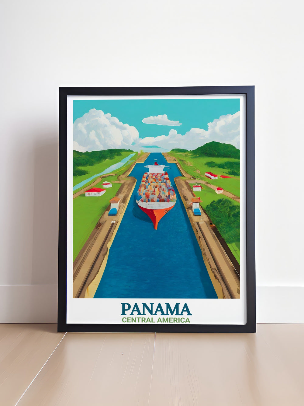 A captivating travel print of Panamas most famous landmark, the Panama Canal. Ideal for those who love history, engineering, or travel, this artwork adds a touch of sophistication to any space.