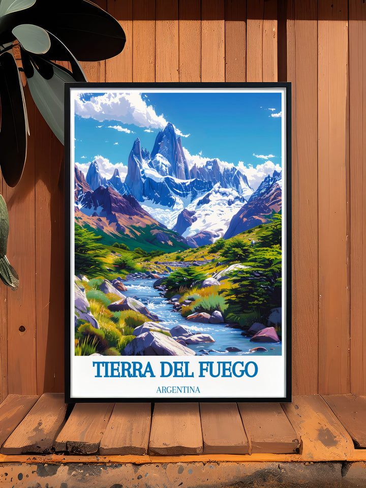 Highlight the diverse landscapes and cultural heritage of Tierra del Fuego with this exquisite travel poster, a must have for any art collection.