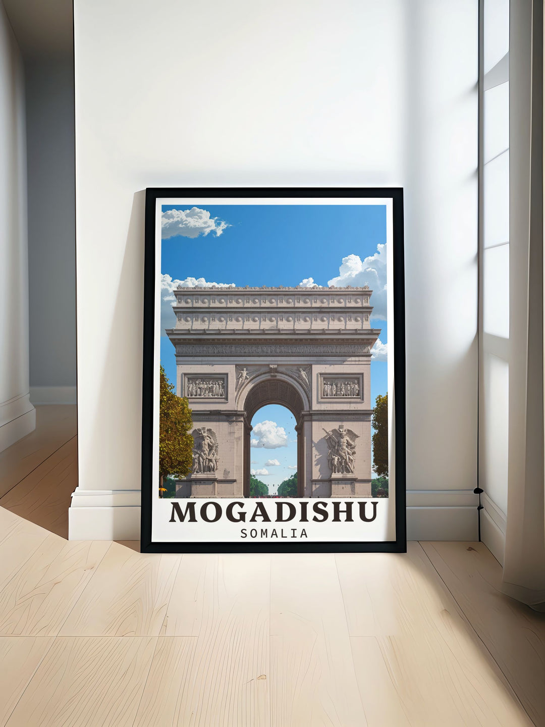Explore the historic charm of Mogadishu, Somalia, with this vibrant poster featuring the iconic Arch of Triumph, capturing the rich heritage and architectural beauty of this African city.