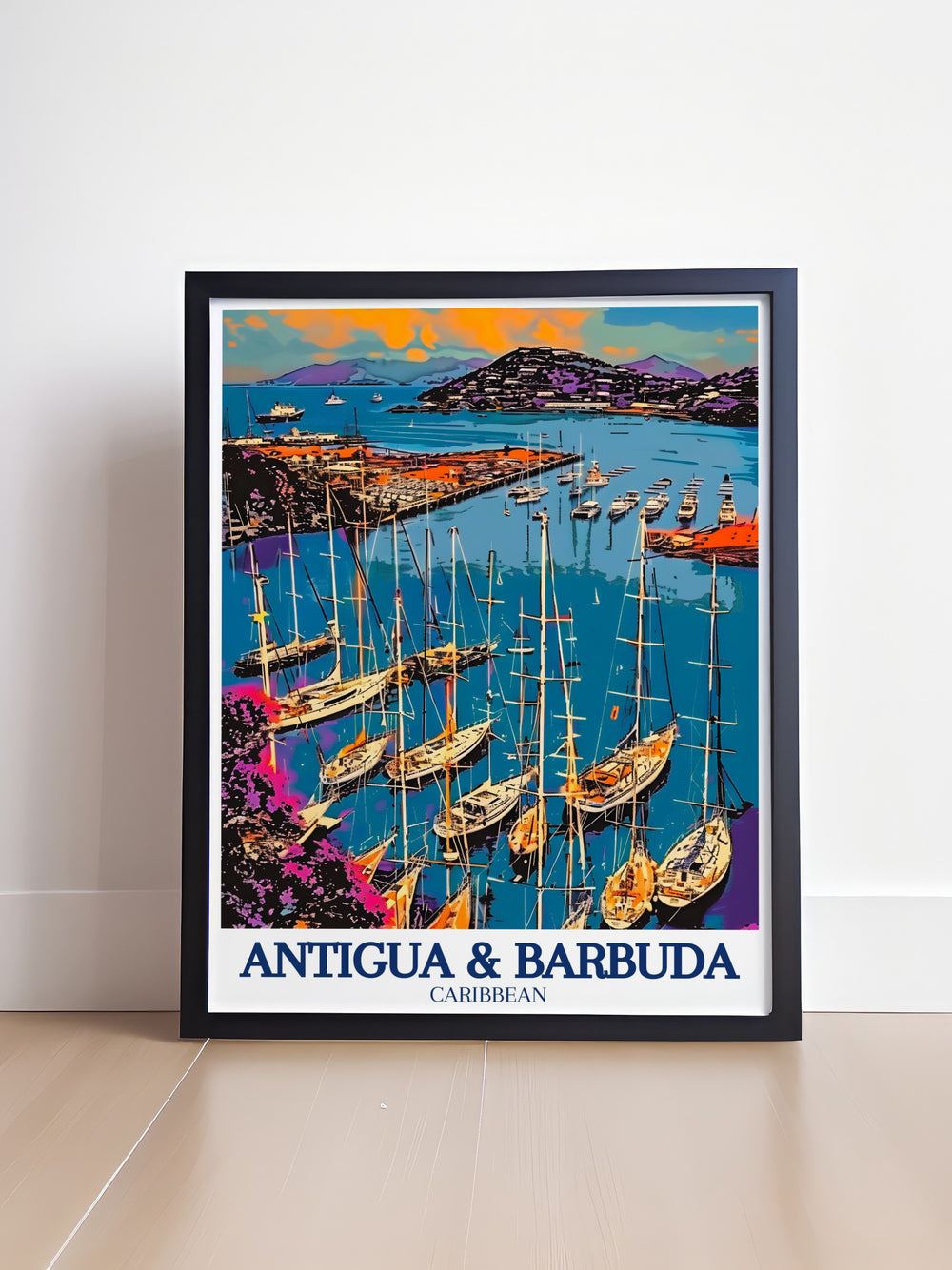 English Harbour Framed Art illustrating the serene beauty of Antiguas historic harbor. The vintage style poster captures the tranquility and history of English Harbour, making it a timeless piece for any wall decor that appreciates classic Caribbean settings