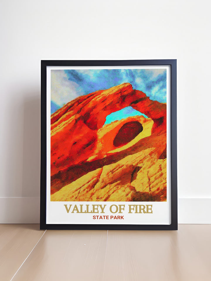 Valley of Fire art print depicting the iconic Arch Rock. The detailed illustration brings out the natural beauty and unique features of this famous landmark, ideal for nature lovers and those who appreciate the wonders of geology.