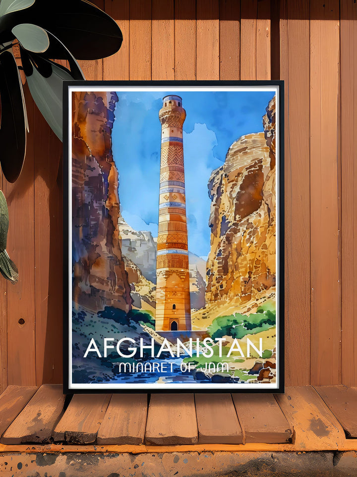 Minaret of Jam vintage print highlighting the intricate details and vibrant colors of this culturally significant Afghan monument perfect for sophisticated home decor