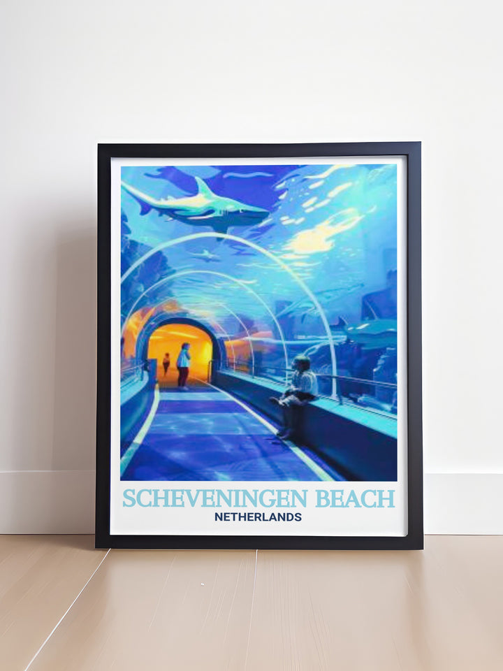 A captivating travel poster of Scheveningen Beach, Netherlands, showcasing the serene coastal landscape and the bustling boardwalk. This print is an excellent choice for beach lovers and those who cherish seaside memories.