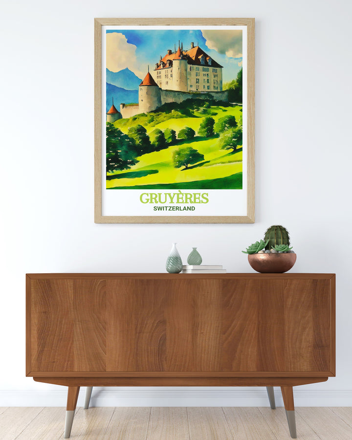 Beautiful Gruyeres Castle poster illustrating the historic landmarks of Switzerland. This art print is an excellent choice for wall decor, providing a stunning glimpse of Gruyeres captivating landscape.