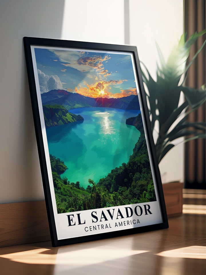 This El Salvador art print captures the still waters and peaceful surroundings of Lake Coatepeque, creating a stunning visual of one of Central Americas most beautiful crater lakes. Perfect for nature enthusiasts, the poster adds a calming presence to any space.