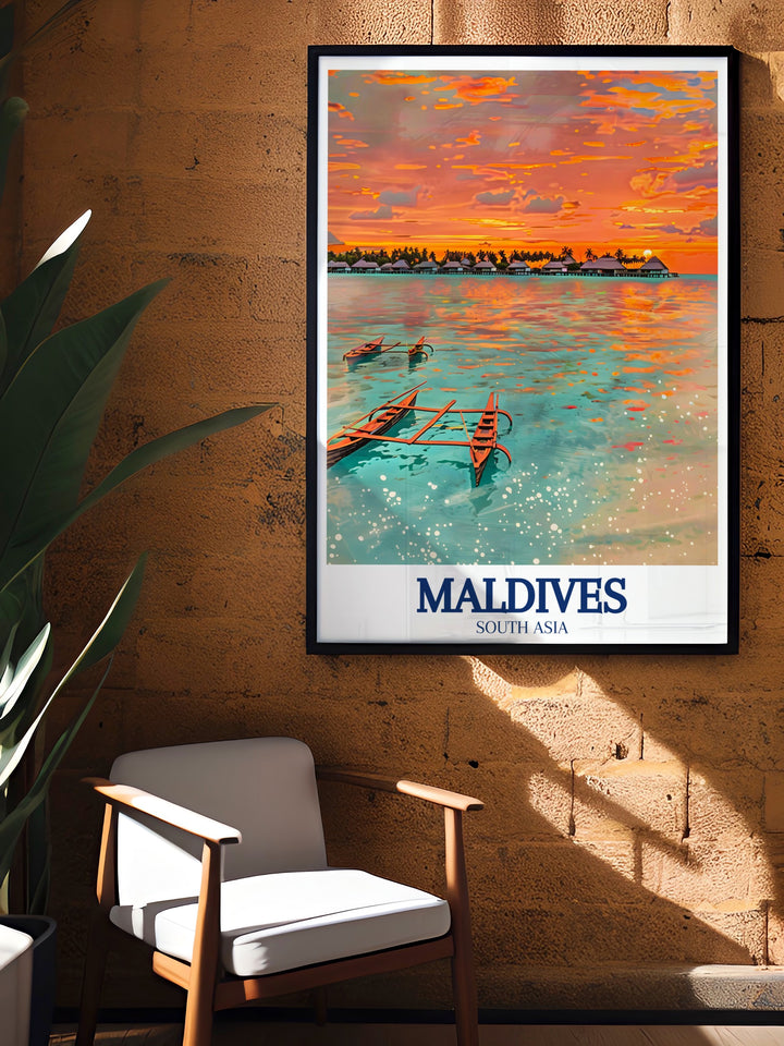 Baglioni Resort Travel Print showcasing the breathtaking views of Maagau Island in the Maldives. The artwork vividly illustrates the lush greenery, pristine beaches, and crystal clear waters that define this luxurious resort, offering a piece of paradise for your walls.