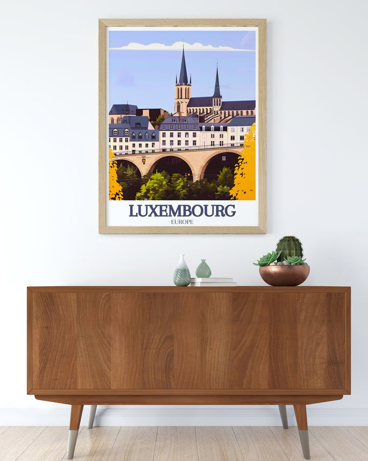 Luxembourg Travel Print beautifully captures the spirit of this European gem with artistic illustrations of the Grand Ducal Palace and Adolphe Bridge. The intricate details and vibrant colors make this print a striking piece of wall art, ideal for adding elegance and sophistication to any room.