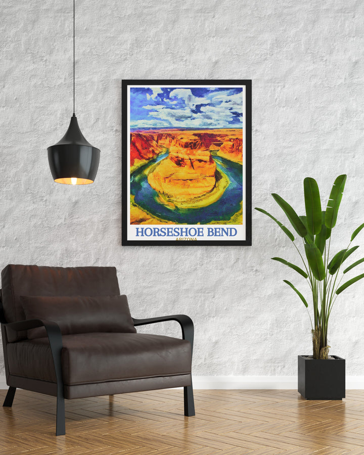 Decorate your space with this Horseshoe Bend travel print, showcasing the vibrant desert colors and unique landscape of Arizonas Grand Canyon region, a perfect gift for nature enthusiasts.