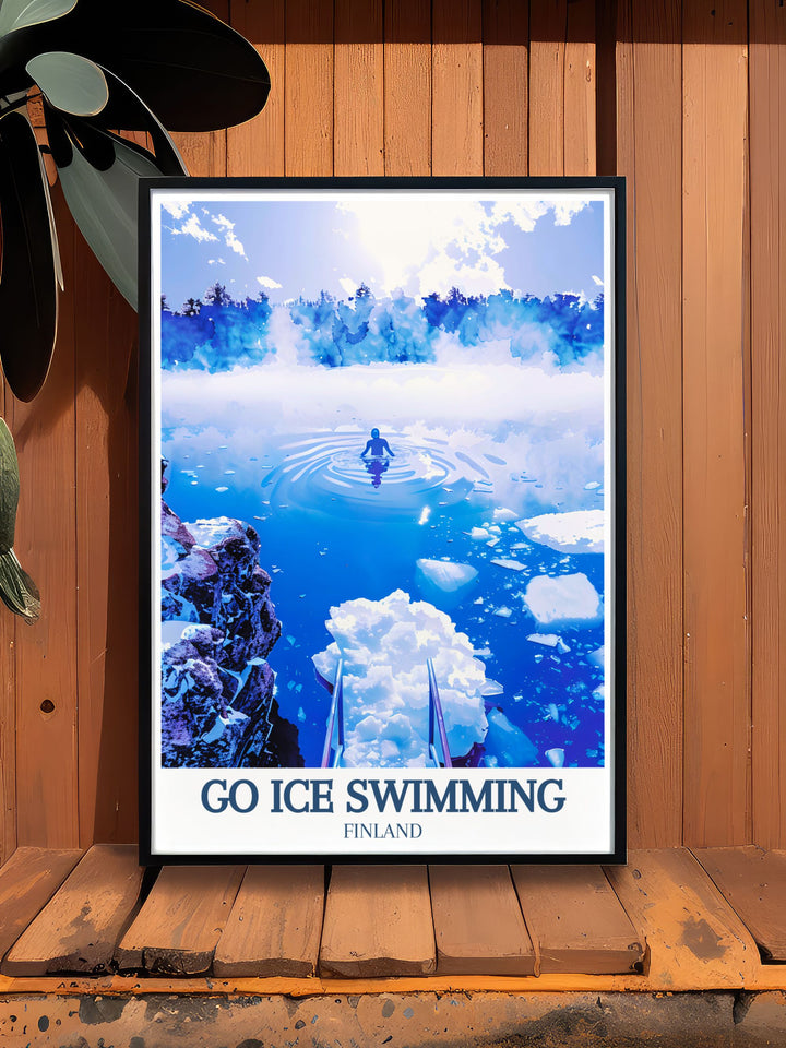 This Ice Swimming Poster captures the magic of Finlands Lake Inari, showcasing the thrill of cold water swimming. Its a thoughtful gift for anyone who enjoys the outdoors, wild swimming, or winter adventures.