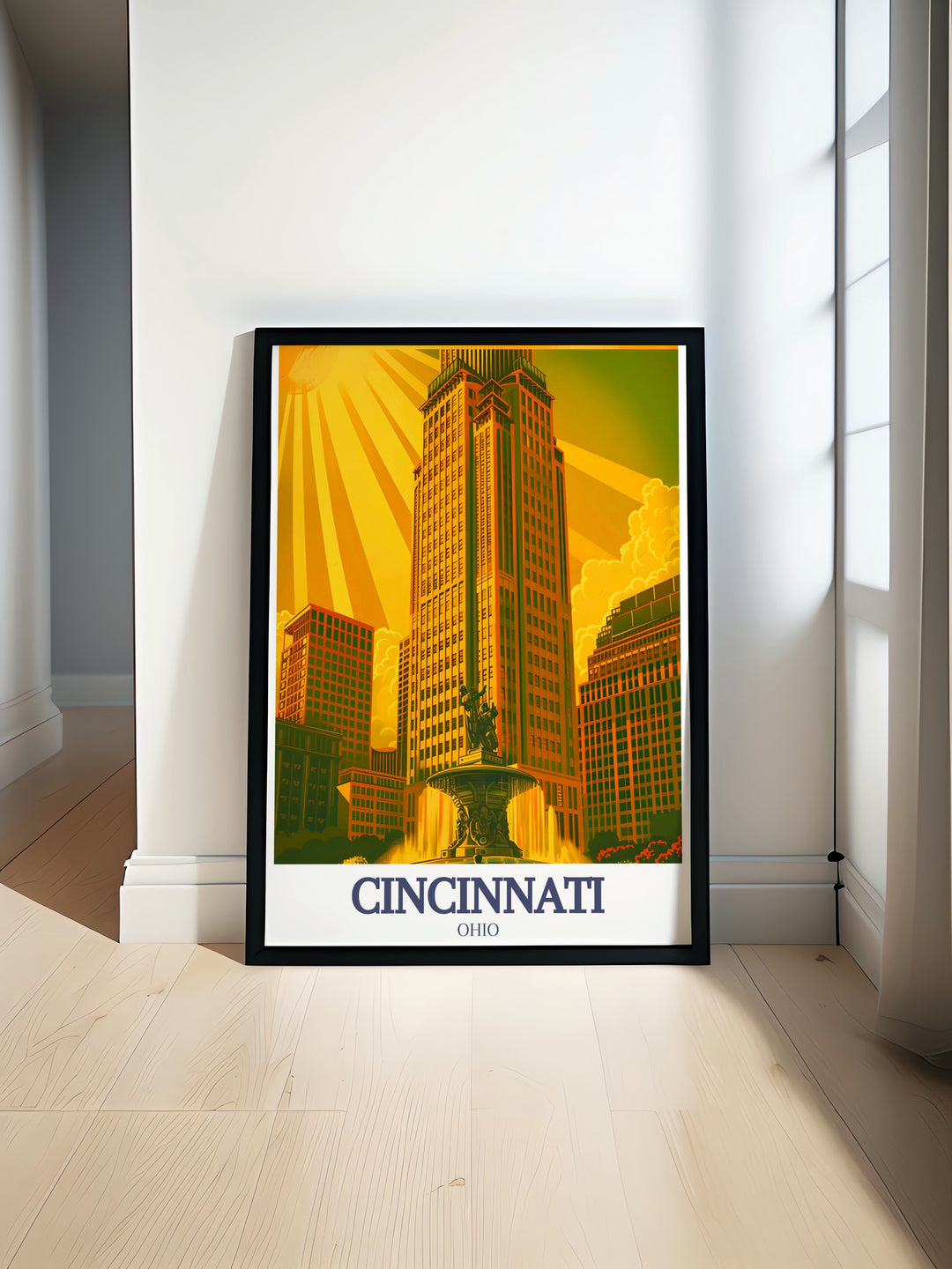 Travel poster print featuring Carew Tower and Tyler Davidson Fountain showcasing the vibrant city color palette of Cincinnati perfect for adding elegance and sophistication to any living space with detailed artwork and stunning visuals