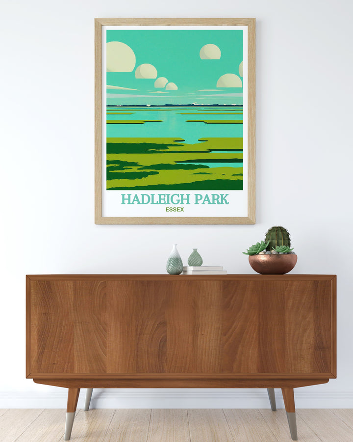 Hadleigh Park mountain biking travel print featuring the scenic Thames Estuary in Essex. Perfect for cycling enthusiasts and home decor. Capture the excitement and natural beauty of this renowned destination with vibrant and detailed artwork.