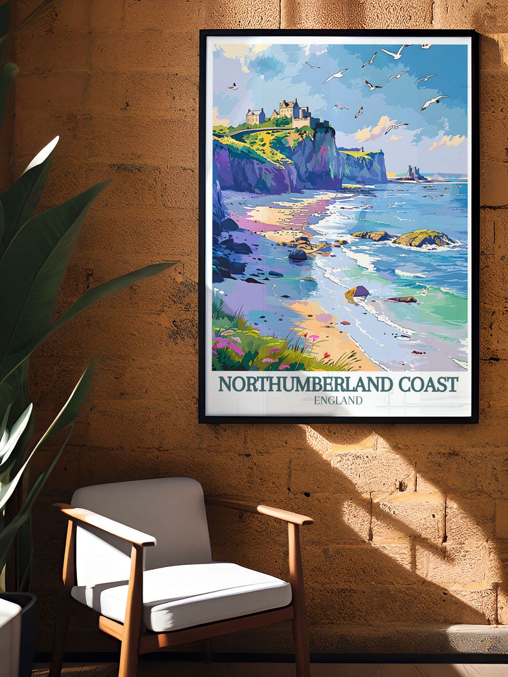 Seaside Travel Print showcasing the serene Northumberland Coast with Bamburgh Castle and Dunstanburgh Castle adding a touch of elegance and tranquility to your living space