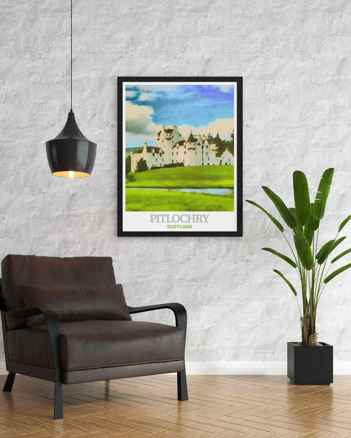 Blair Castle travel print featuring the iconic Scottish landmark, set against the stunning backdrop of the Highlands. This canvas art is perfect for history enthusiasts and nature lovers alike, offering a detailed view of one of Scotlands most celebrated castles.