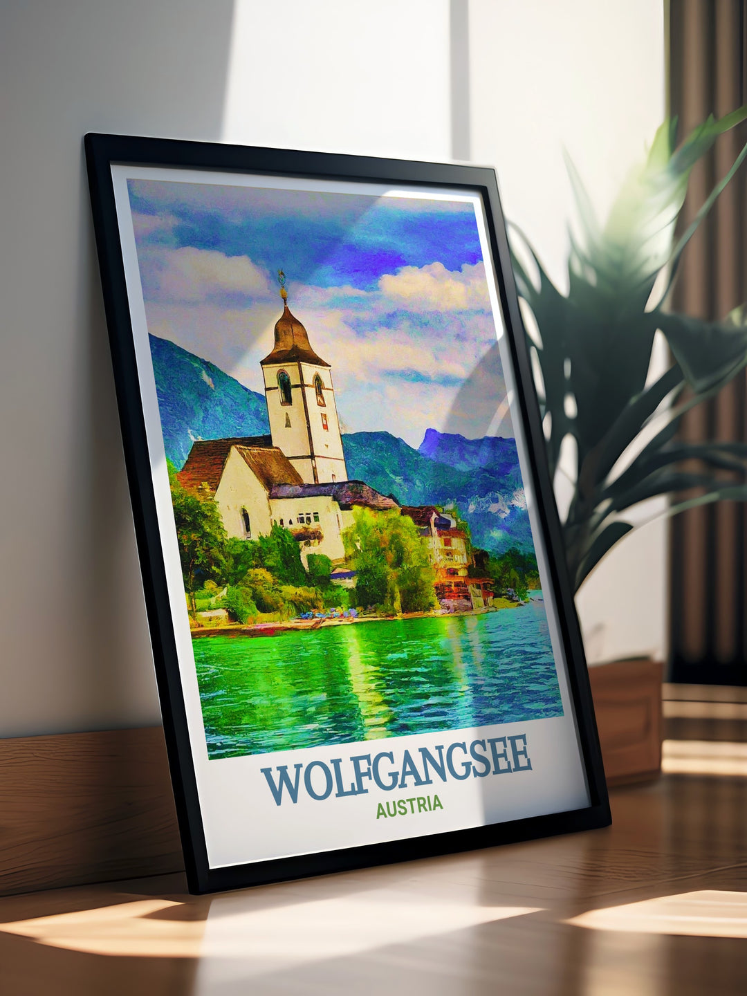 Austrian travel poster featuring Wolfgangsee and St. Wolfgang Church. This vibrant print captures the essence of Austrias stunning landscapes and historical landmarks, making it an ideal piece for anyone looking to add a touch of natural beauty to their wall decor.