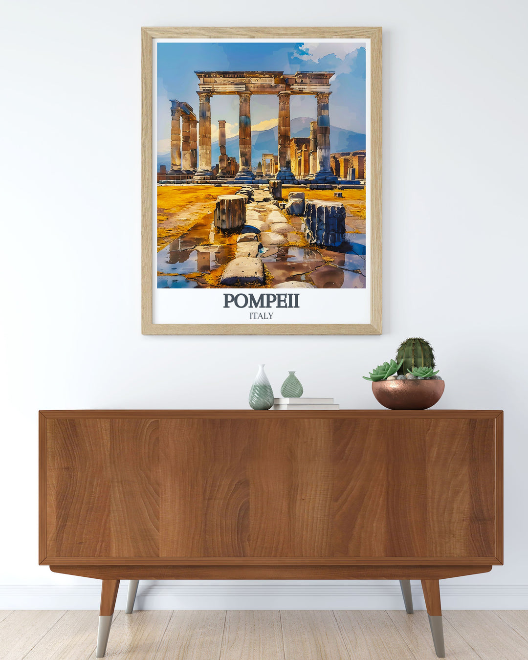 Pompeii wall art showcasing Temple of Apollo with Doric Columns and Mount Vesuvius offering a perfect Italy wall poster for modern home decor.