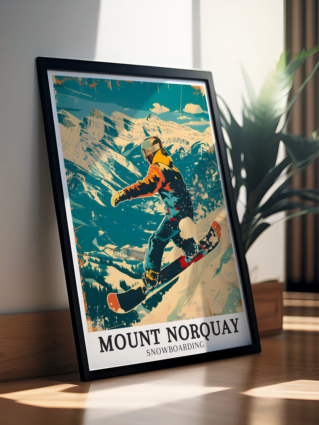 Mount Norquay Snowboarding Travel Print that captures the thrill of snowboarding at one of Canadas most beloved ski resorts, set within the awe inspiring surroundings of Banff. This print is a great addition to any winter sports enthusiasts collection.