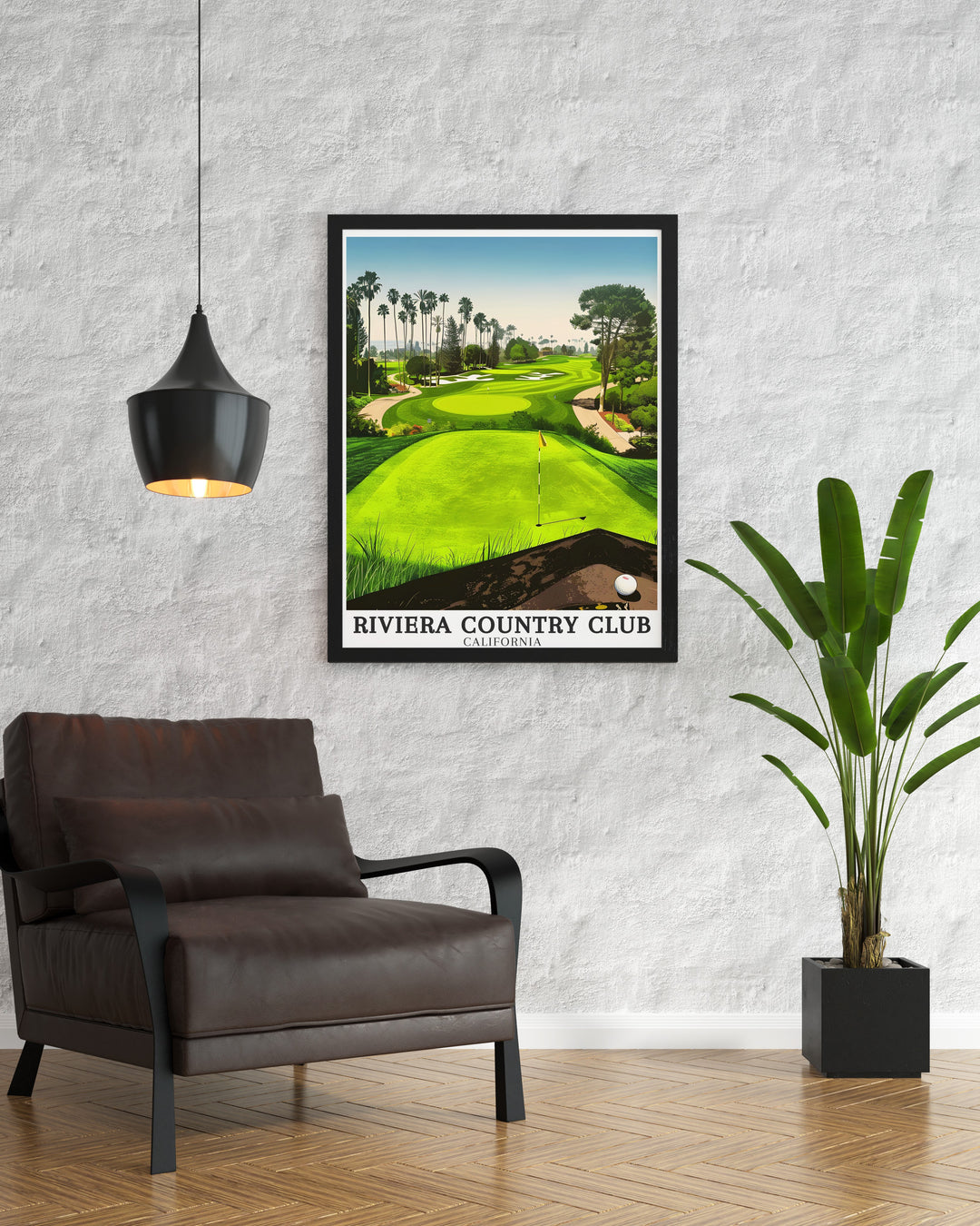 A perfect gift for any golf fan, this Riviera Country Club poster highlights the famed 1st tee with a panoramic view of Pacific Palisades. The print is a timeless tribute to the sports artistry and the scenic beauty of this California landmark.