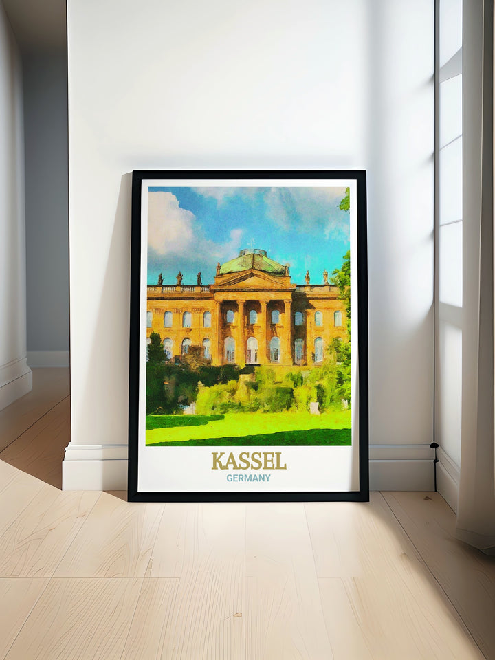 Kassel Travel Print showcasing the iconic Wilhelmshöhe Palace in Germany. This wall decor piece is more than just an artwork; its a tribute to Germanys architectural heritage. Perfect for art lovers and history enthusiasts, this Germany Home Decor brings the timeless beauty of Kassels most famous palace into your home