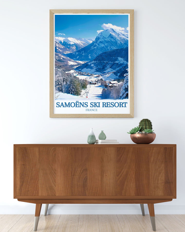 Vintage Ski Poster highlighting Mont Blanc Grand Massif French Alps depicting the charm of Morillon Ski Resort and the scenic villages of Sixt Flaine Samoens perfect for modern interiors