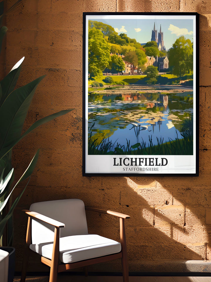 Highlighting the peaceful charm of Lichfield, this canvas art brings together the lush scenery of Beacon Park and the reflective waters of Minster Pool. The artworks soft colors and detailed illustration make it a beautiful tribute to the English countryside.