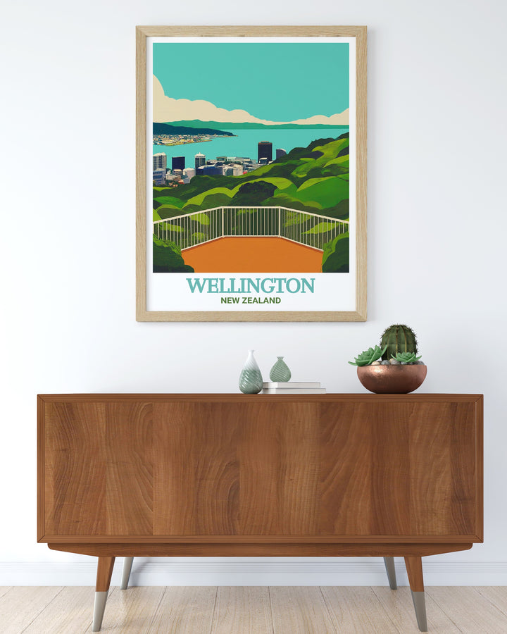 Mount Victoria Lookout framed art capturing the panoramic view of Wellingtons harbor and iconic red tram. This vintage style poster is a perfect gift for travelers or as part of a New Zealand travel art collection.