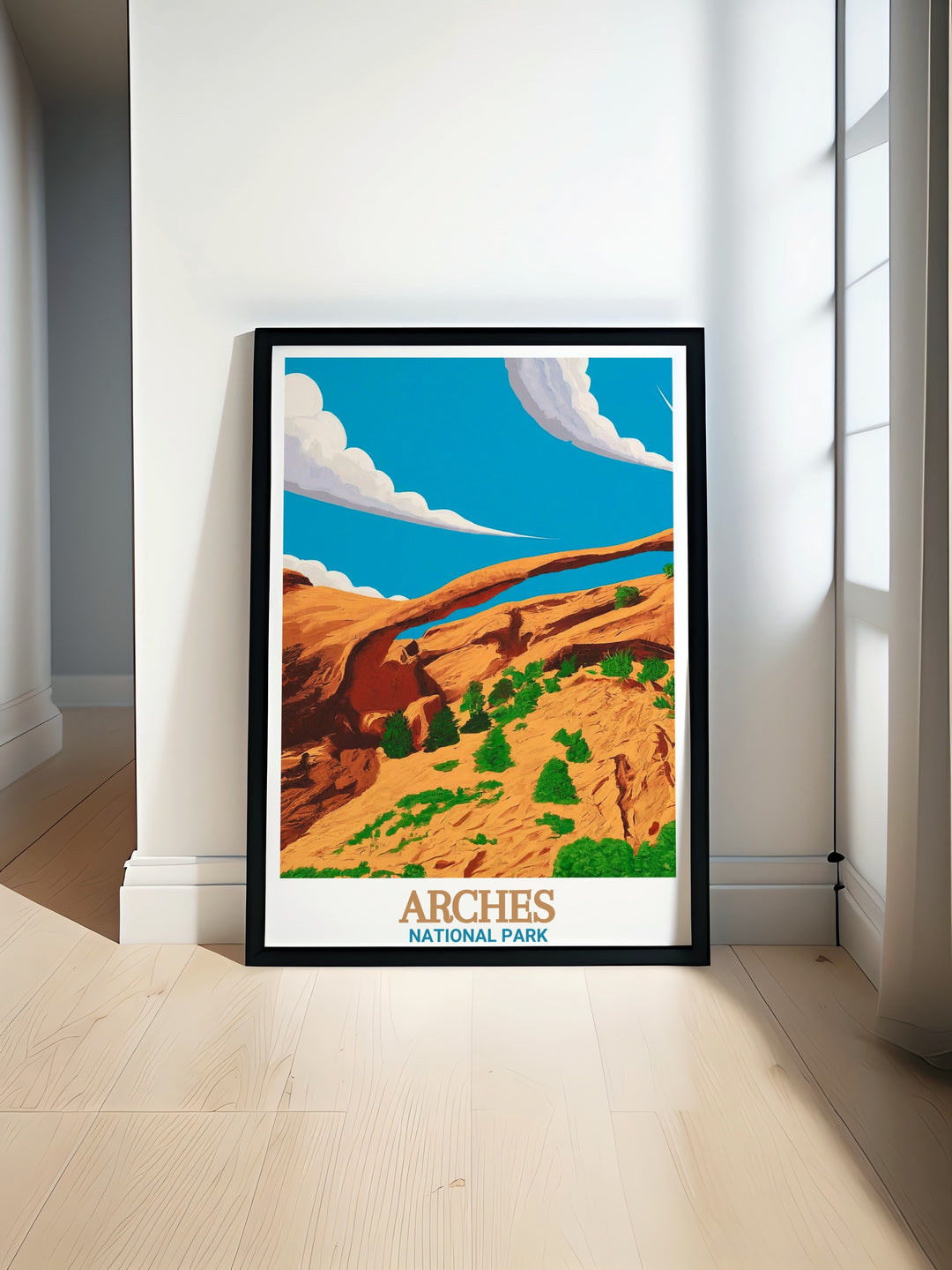 Landscape Arch travel poster showcasing the stunning natural formation in Arches National Park with vibrant colors and intricate details perfect for enhancing home decor or as a thoughtful gift for nature enthusiasts and National Park lovers.