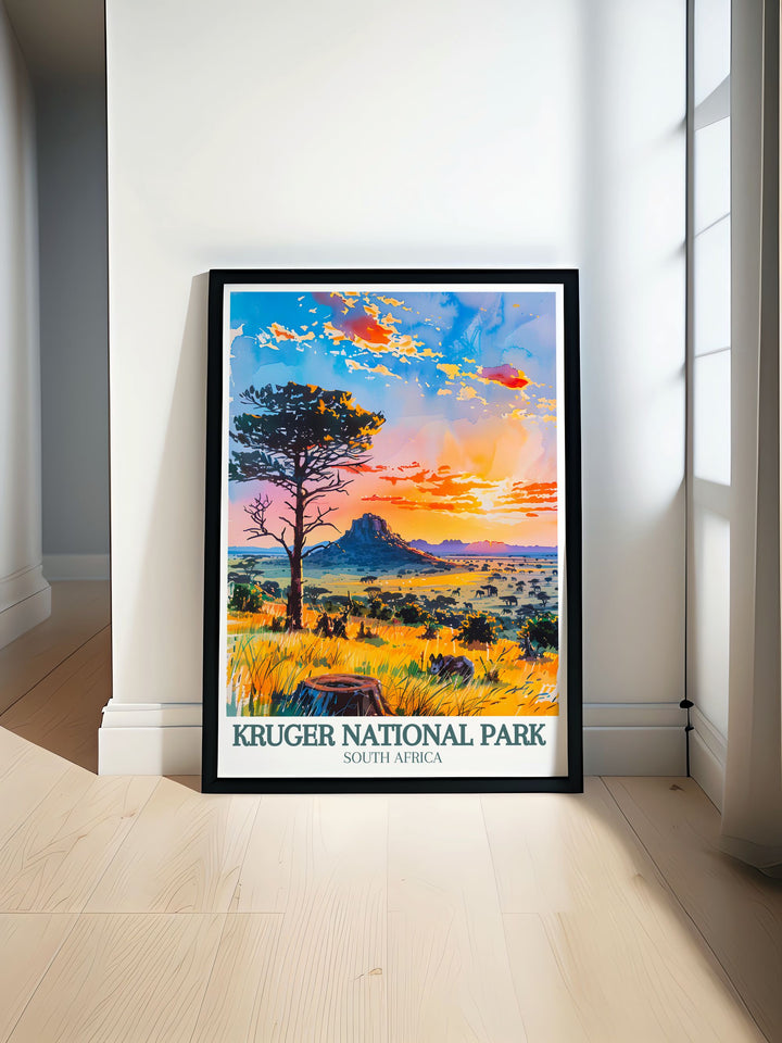 Highlighting the serene beauty of Kruger National Park, this travel poster captures its diverse wildlife and stunning vistas. Perfect for those who appreciate unique natural wonders, this artwork brings the essence of Africa into your home.