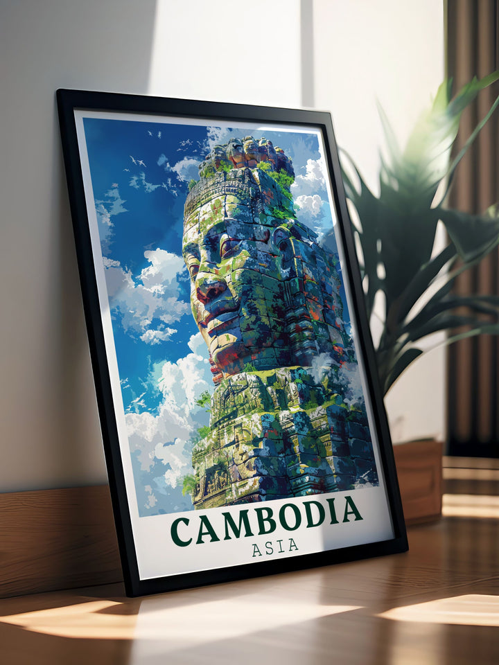 Exquisite Bayon Temple vintage print capturing the essence of Cambodias famous stone faces in a sophisticated black and white design perfect for home decor.