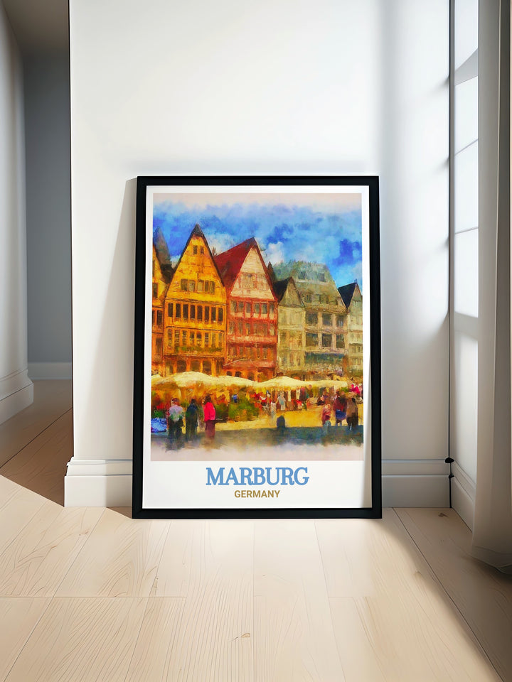 Bring the essence of Marburg into your home with this captivating wall print of Market Square. The artwork highlights the iconic half timbered houses and bustling market scene, making it a perfect addition to your art collection. Ideal for anyone who appreciates the beauty of German towns and historic landmarks