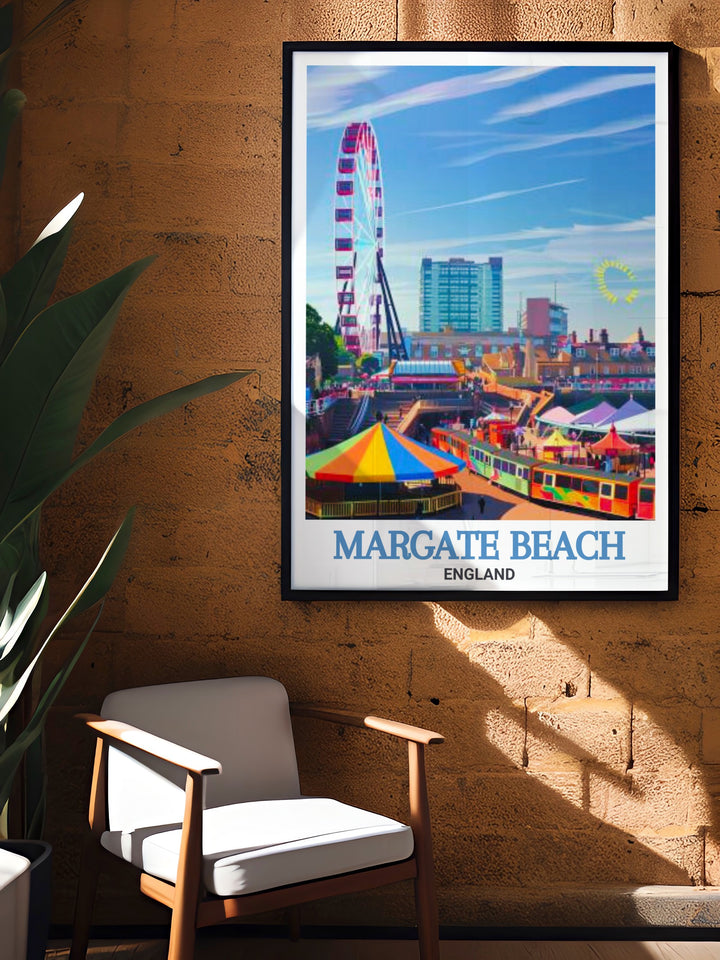 The Margate Beach Poster highlights the best of this historic seaside town, including Dreamland Margate and the famous Margate Harbour Arm. With fine line art and a vibrant city print style, this framed artwork is ideal for home decor.