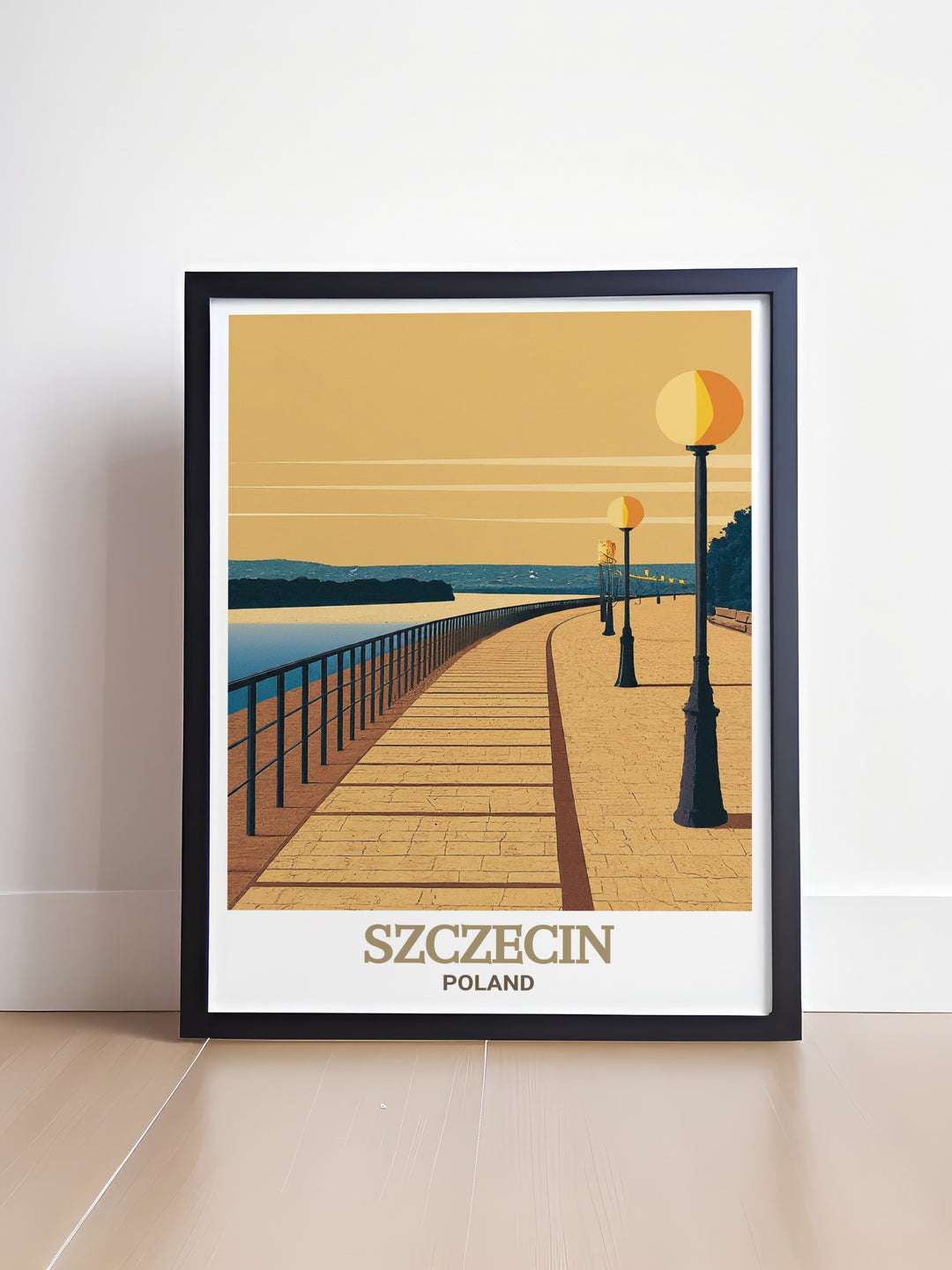 Travel art of Wały Chrobrego in Szczecin, Poland. This detailed print captures the essence of the historic promenade, highlighting its unique beauty and cultural significance, perfect for enhancing your living space.