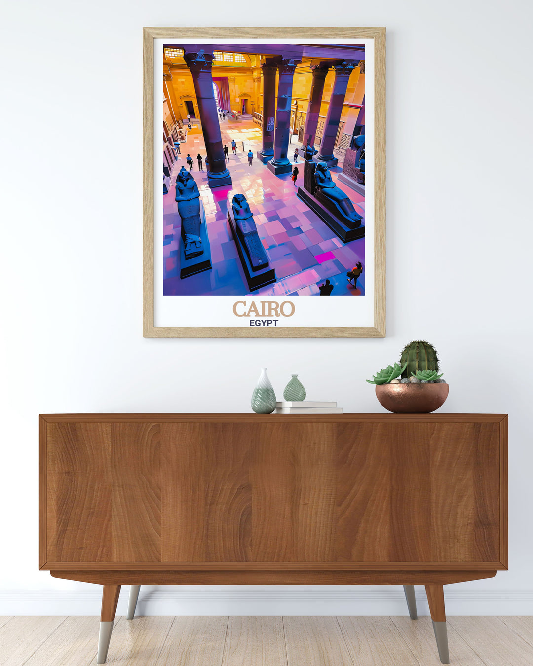 Transform your space with this captivating Egyptian Museum travel poster featuring the skyline and cityscape of Cairo perfect for adding a touch of historical charm to your decor.