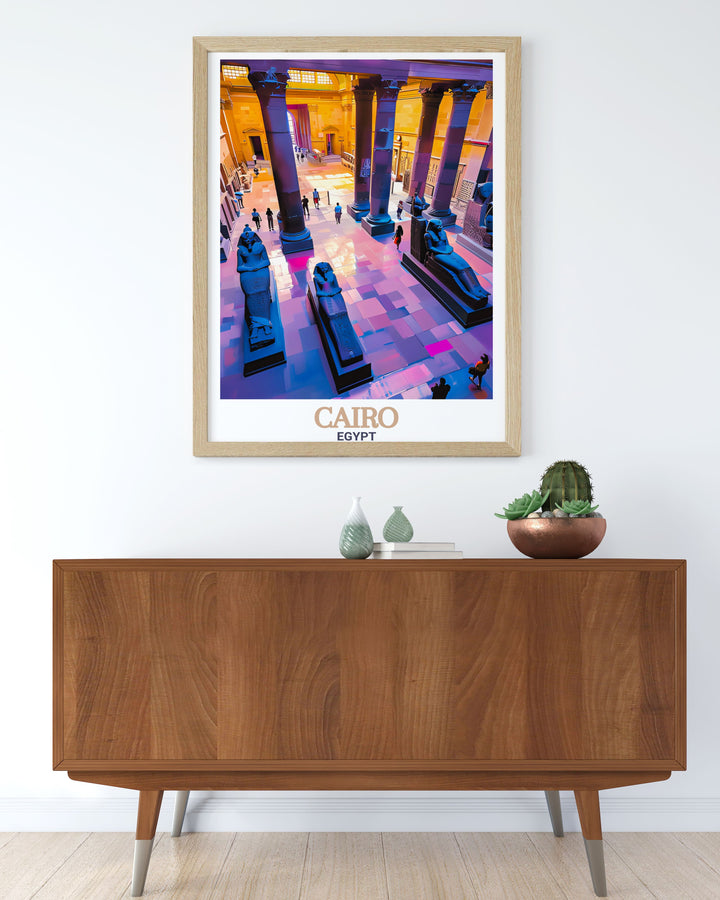 Transform your space with this captivating Egyptian Museum travel poster featuring the skyline and cityscape of Cairo perfect for adding a touch of historical charm to your decor.
