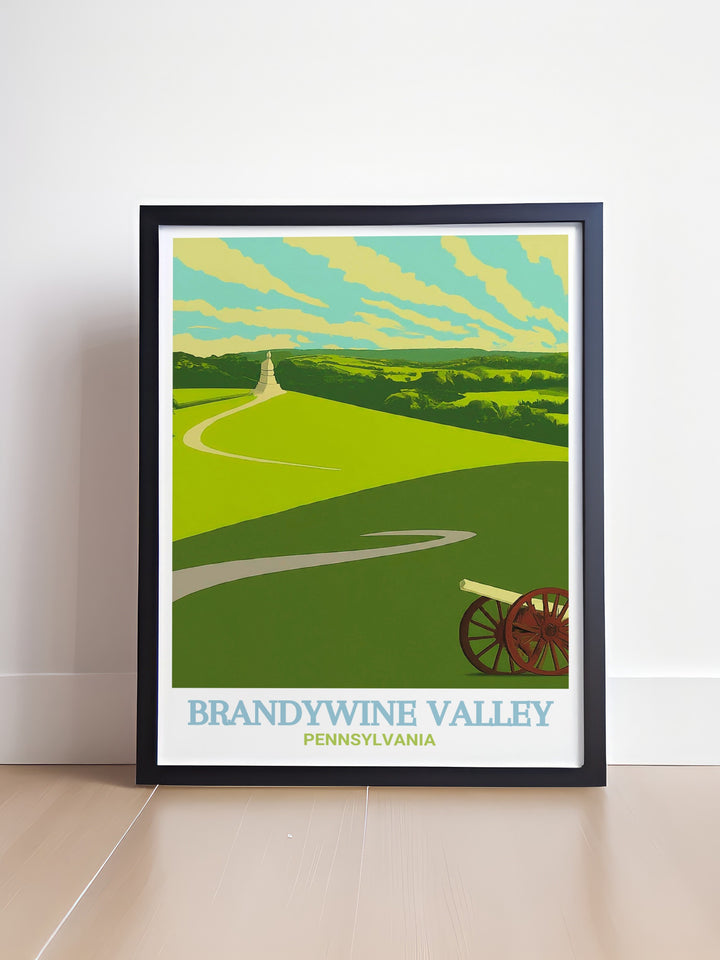 The detailed illustration of Brandywine Battlefield Park, with its lush green fields and rolling hills, paired with the scenic charm of Brandywine Valley, makes this travel poster a stunning addition to any room, celebrating Pennsylvanias historical and natural landmarks.