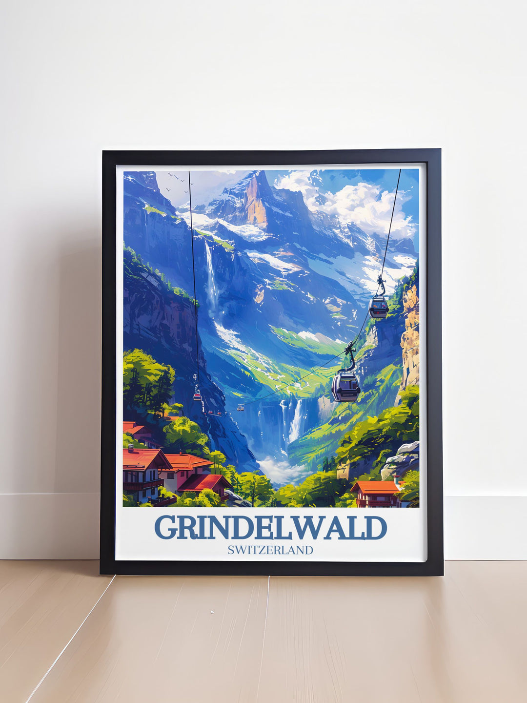 A detailed art print of Eiger mountain Grindelwald First capturing the essence of the Swiss Alps. This Grindelwald First artwork showcases the natural beauty and tranquility of the mountain village making it an ideal gift.