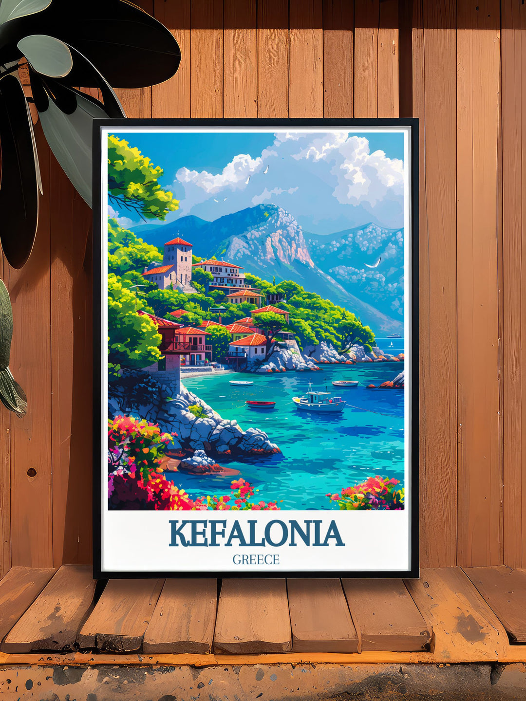 Poster featuring Kefalonia, capturing its dramatic landscapes, pristine beaches, and charming villages. The illustration celebrates the islands blend of natural beauty and cultural richness.
