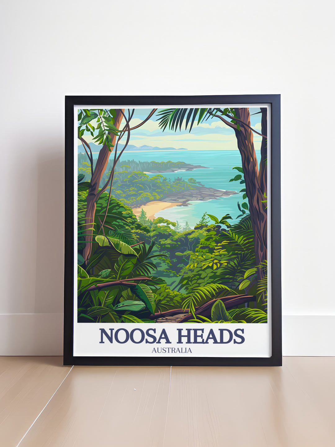 Noosa Heads Travel Print offering a colorful depiction of Noosa National Parks rugged cliffs and the peaceful shorelines of Little Cove. This fine line art captures the essence of Australias coastal beauty, making it a great addition to any home or office.